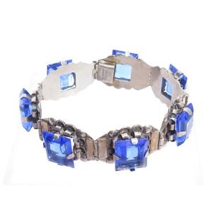 STUNNING OLD VINTAGE BLUE GLASS RHINESTONE ART DECO STERLING SILVER BRACELET 925
